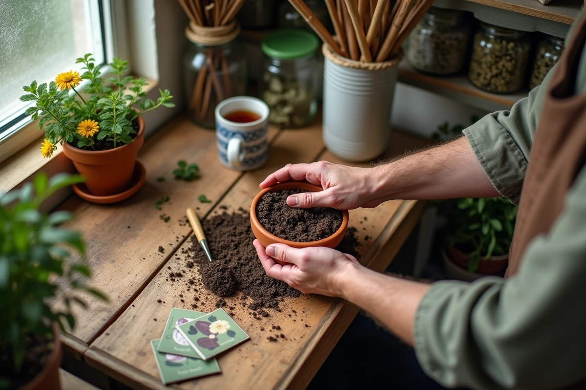 Mains expérimentées rempotant des plants dans un pot en terre cuite sur un établi de jardinage entouré de sachets de graines et d'outils