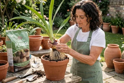 Femme rempotant un lys oriental en extérieur, tenant le bulbe avec ses racines visibles au-dessus d'un pot en terre cuite sur un établi de jardinage