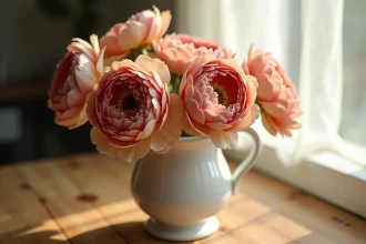 Renoncules fanées aux pétales bruns et recourbés dans un vase en céramique blanche sur une table en bois