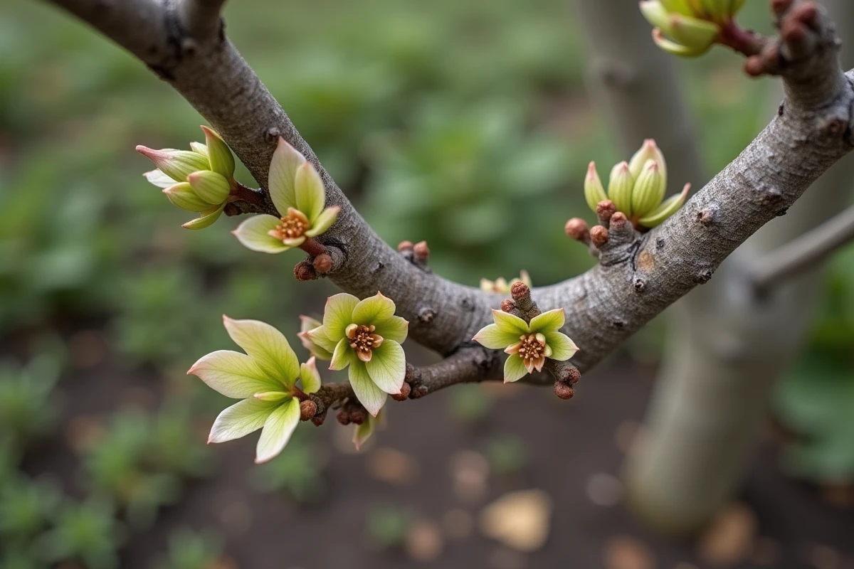 Reprise du figuier après le gel au printemps avec des bourgeons verts sur certaines branches et des rameaux morts sur d'autres