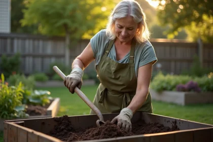 Femme retournant un bac à compost en bois dans un jardin potager avec une fourche de jardinage