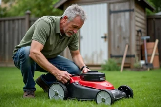 Homme retirant la batterie d'une tondeuse à gazon rouge dans un jardin suburban