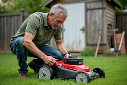 Homme retirant la batterie d'une tondeuse à gazon rouge dans un jardin suburban