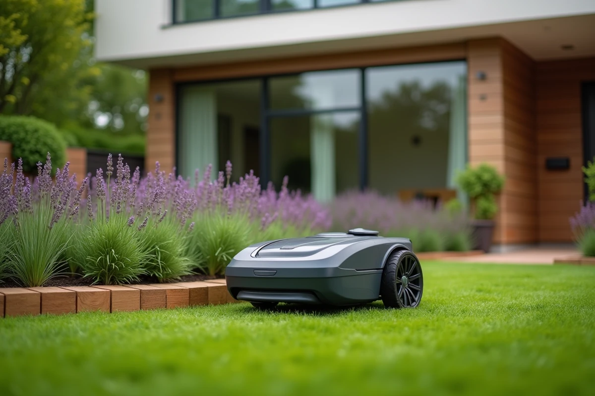 Robot tondeuse autonome en train de tondre autour d'un massif fleuri dans un jardin résidentiel avec maison en arrière-plan