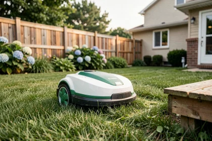Robot tondeuse Kress en action dans un jardin résidentiel bien entretenu, vue en contre-plongée sur la pelouse