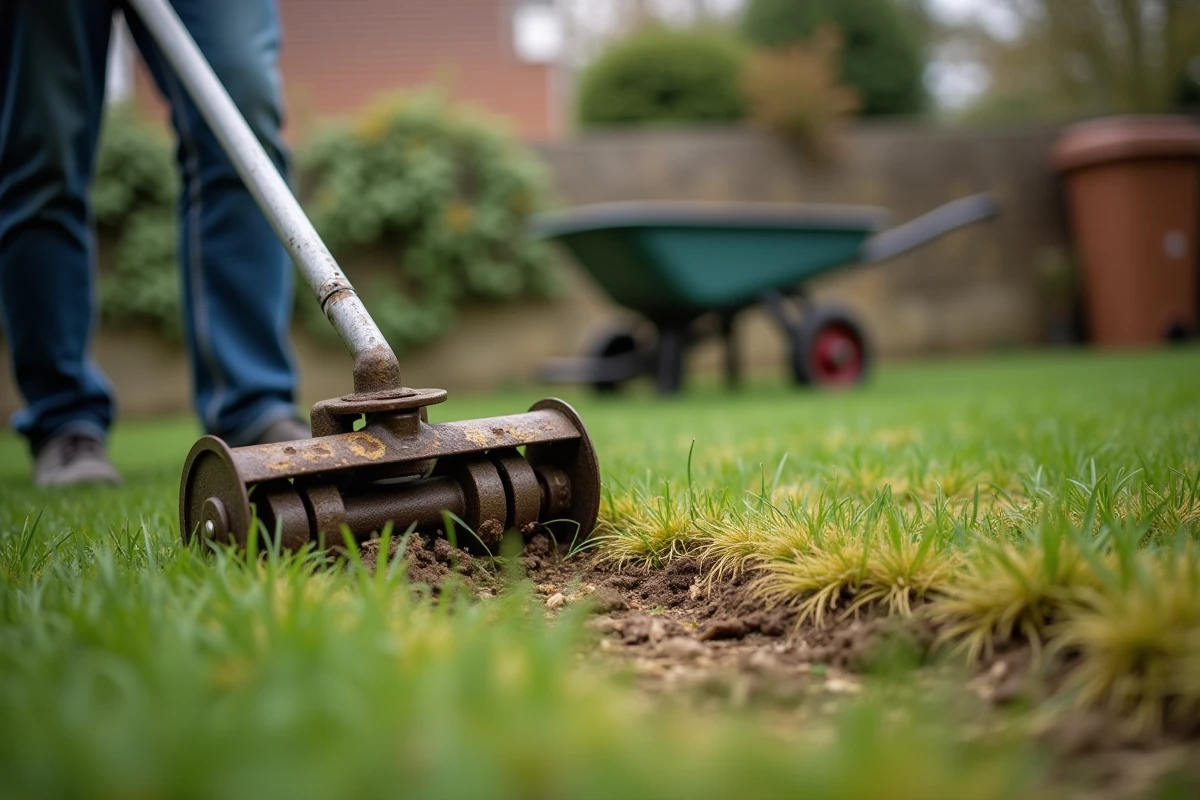 Gros plan sur une pelouse abîmée en automne avec scarification en cours pour préparer le gazon à l'hiver