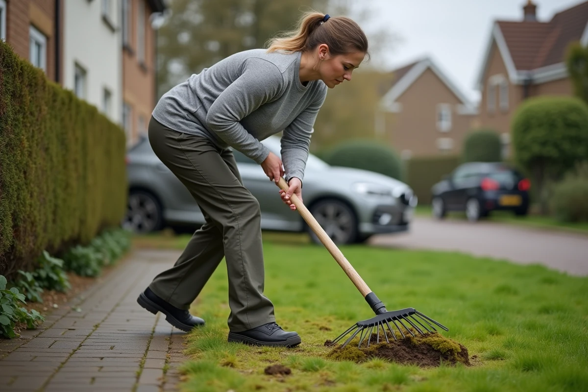Femme en train de scarifier sa pelouse pour éliminer la mousse avec un râteau manuel dans un jardin de banlieue