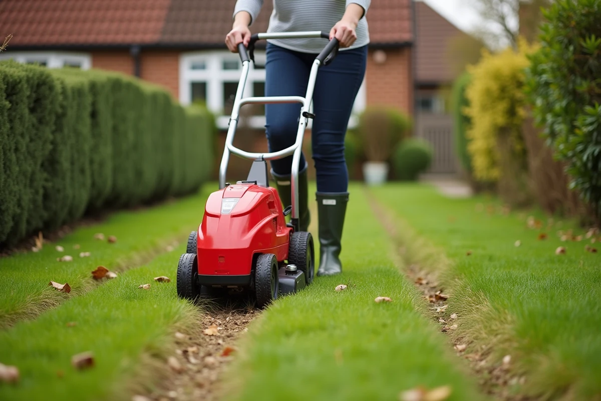 Femme utilisant un scarificateur électrique rouge sur une pelouse résidentielle en automne pour éliminer le chaume
