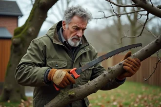 Homme utilisant une scie à élaguer courbée pour couper une grosse branche de chêne dans un jardin en automne