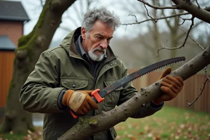 Homme utilisant une scie à élaguer courbée pour couper une grosse branche de chêne dans un jardin en automne