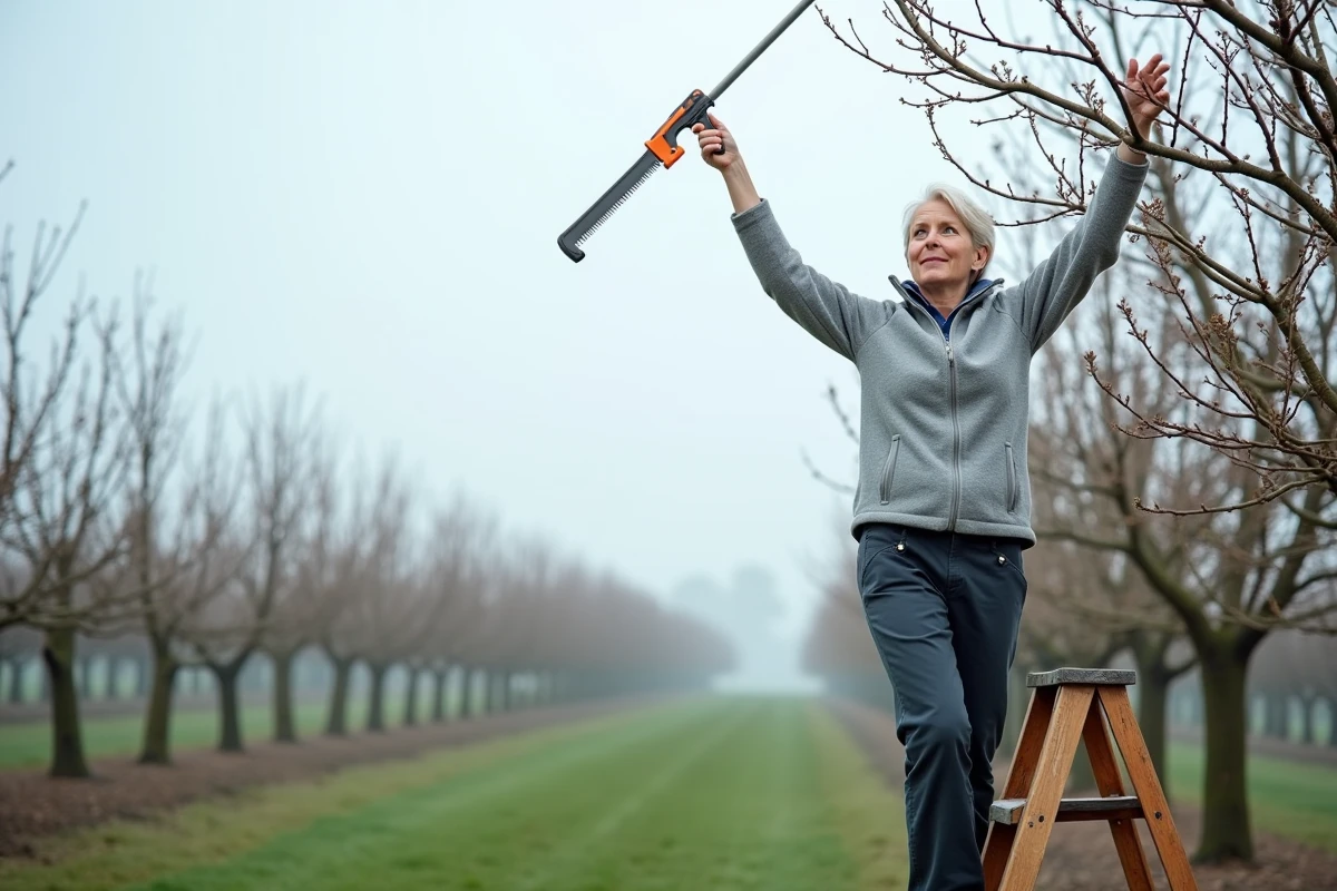 Femme utilisant une scie sur perche pour couper des branches hautes dans un verger en hiver