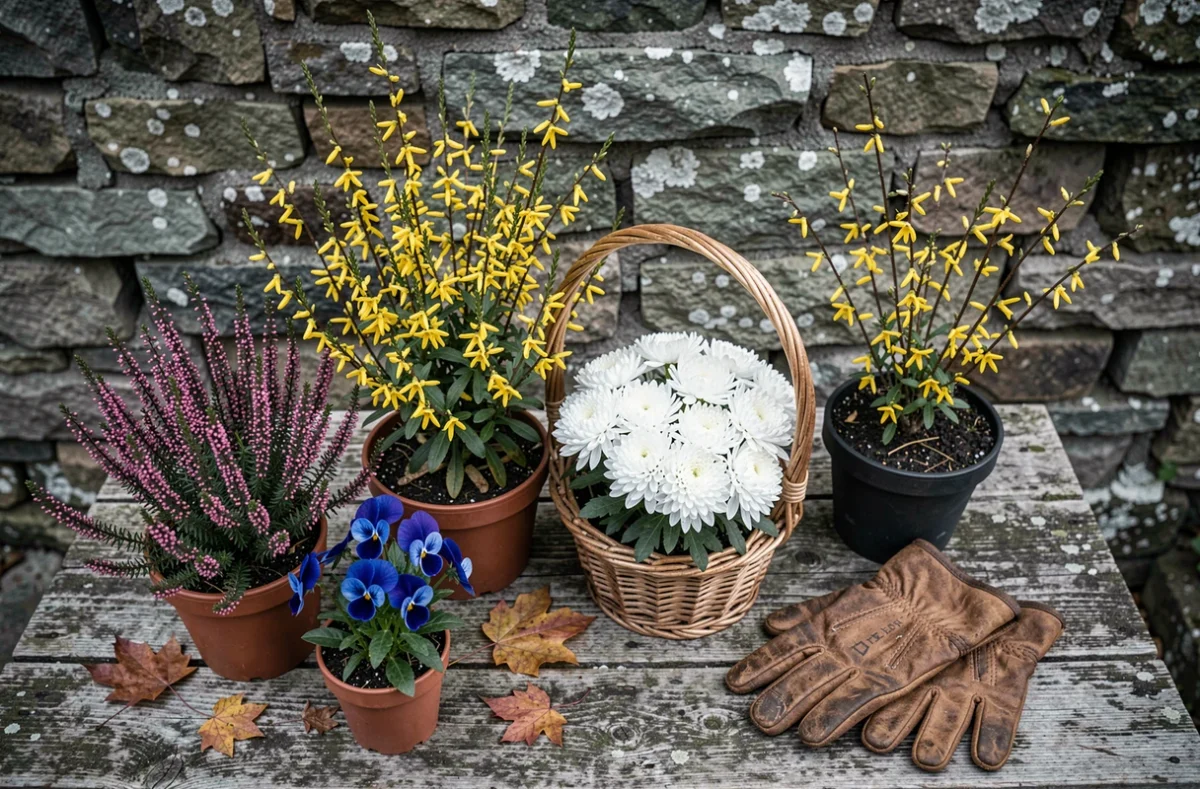 Sélection de plantes et fleurs pour décoration de cimetière en hiver disposées sur une table en bois avant la Toussaint