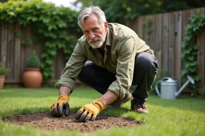 Homme en train de semer des graines de gazon sur une pelouse clairsemée dans un jardin suburban