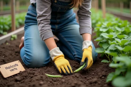 Femme qui sème des haricots verts en pleine terre au jardin potager au printemps
