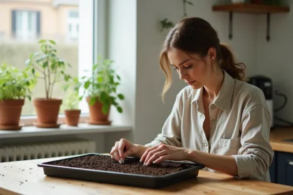 Femme semant des graines dans un plateau de culture posé sur une table en bois près d'une grande fenêtre ensoleillée à l'intérieur