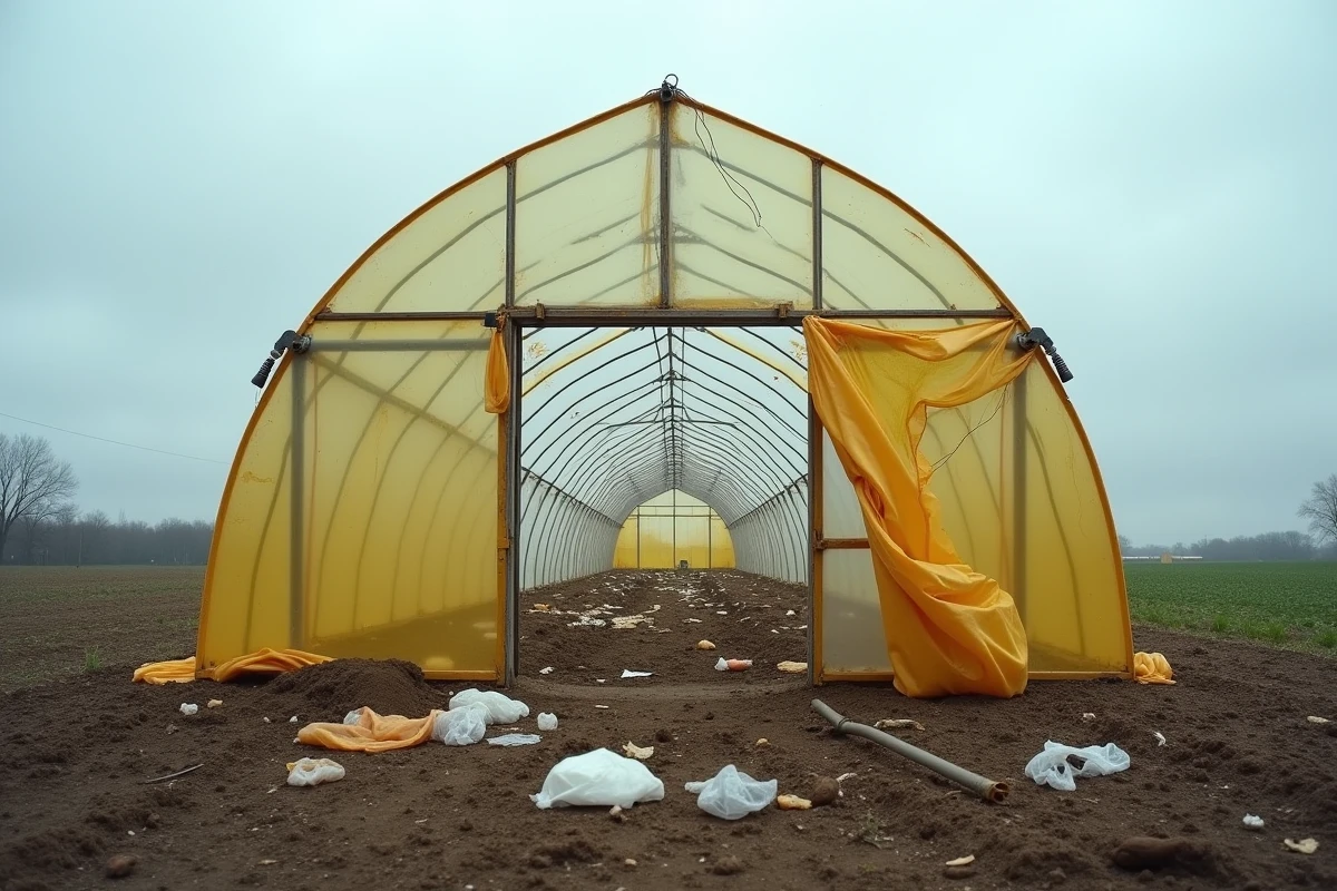 Serre abandonnée avec bâche en polyéthylène déchirée et déchets plastiques éparpillés sur le sol agricole, illustrant la pollution plastique générée par les serres en fin de vie.