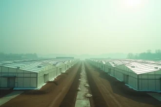 Vaste complexe de serres industrielles en verre et aluminium s'étendant sur un paysage agricole, illustrant l'impact environnemental de l'agriculture sous serre à grande échelle.