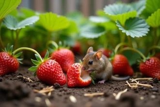Souris de jardin grignotant une fraise mûre dans un potager avec des fraises abîmées au sol