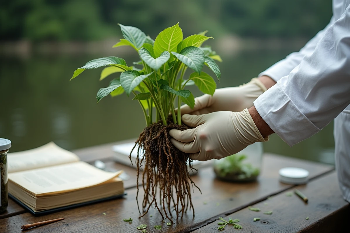 Botaniste tenant un spécimen de plante aquatique de classe 4 pour identification scientifique