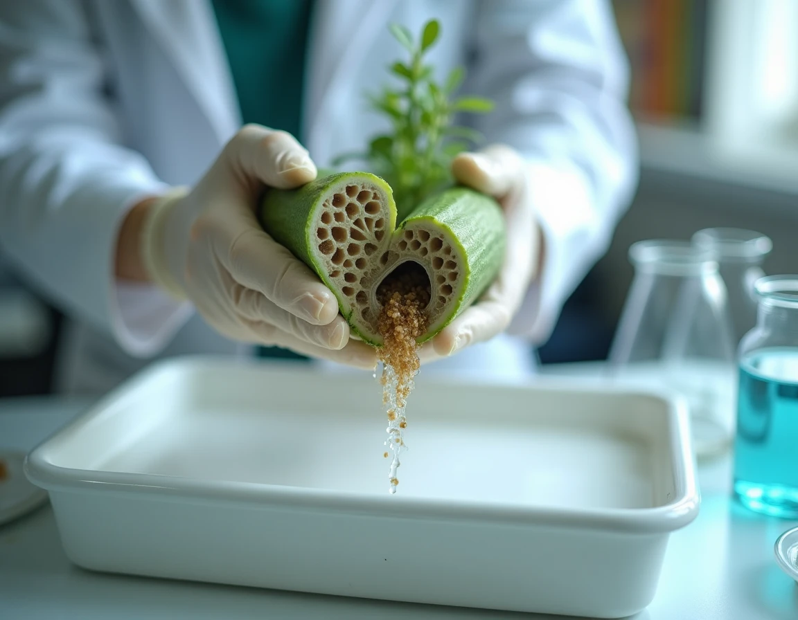 Botaniste en laboratoire tenant un spécimen de plante aquatique extrait de l'eau, coupe transversale révélant les tissus aérenchymes qui empêchent la décomposition