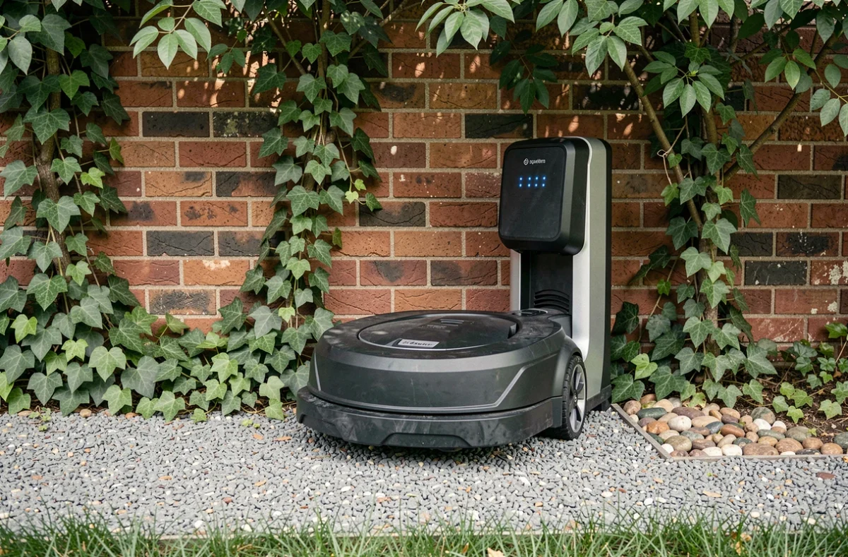 Robot tondeuse Kress en charge sur sa station d'accueil fixée contre un mur de briques dans un jardin