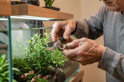 Homme taillant un arbre à crevette dans un aquarium d'eau douce avec des ciseaux de précision