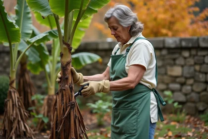 Jardinière taillant les feuilles d'un bananier en automne dans un jardin tempéré français avant l'hiver