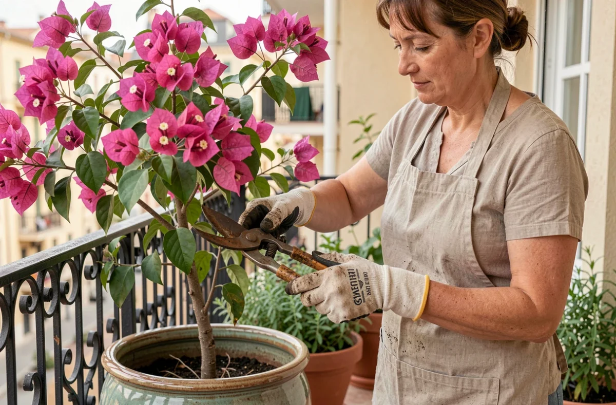 Femme qui taille un bougainvillier en pot sur un balcon urbain avec des cisailles de jardinage et un tablier en lin