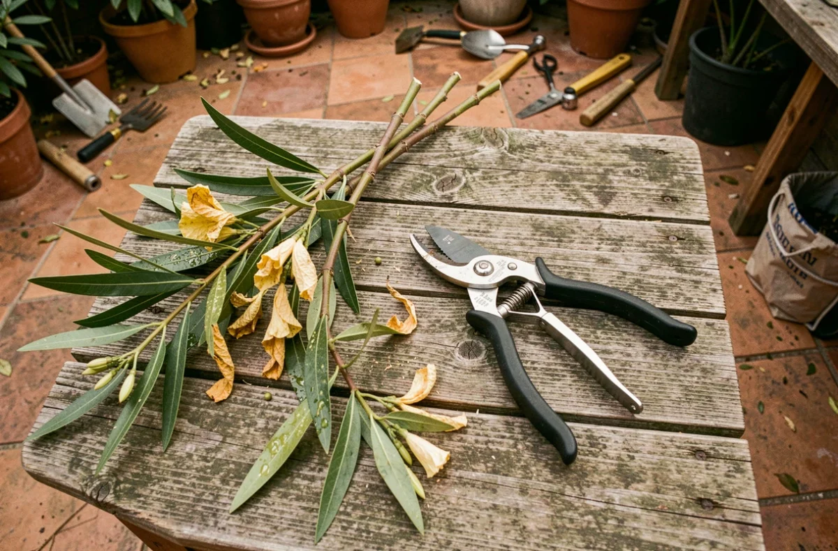 Sécateur et branches de laurier rose taillées posés sur une table de jardin en bois, montrant des dommages causés par les pucerons