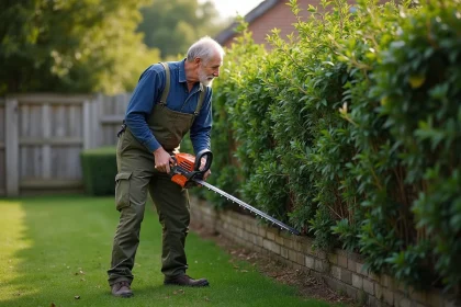 Homme utilisant une taille-haie thermique pour couper une haie envahissante dans un jardin suburban