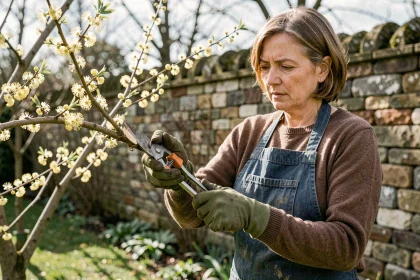 Femme d'âge moyen taillant un mimosa avec un sécateur propre dans un jardin en fin d'hiver
