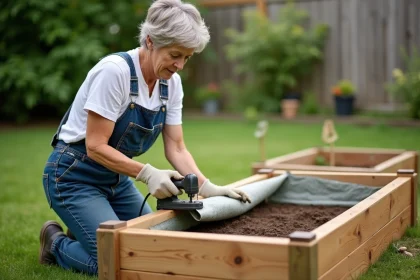 Femme tapissant l'intérieur d'un potager surélevé en bois avec du géotextile dans un jardin résidentiel