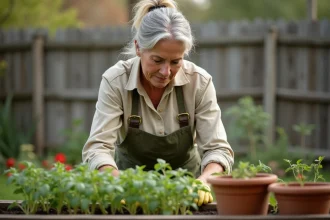 Femme jardinière inspectant des plants de tomates dans un potager surélevé au printemps