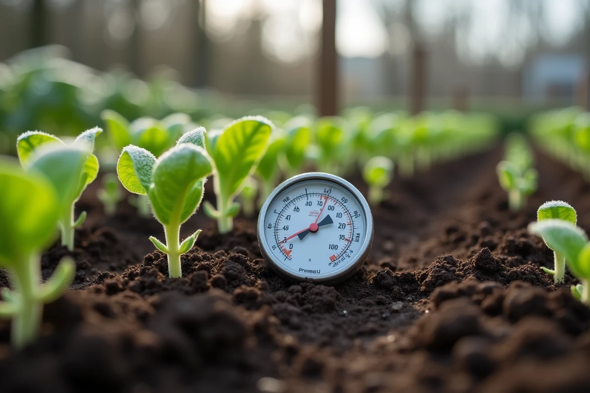 Thermomètre planté dans la terre d'un potager entre des semis de laitue avec givre léger