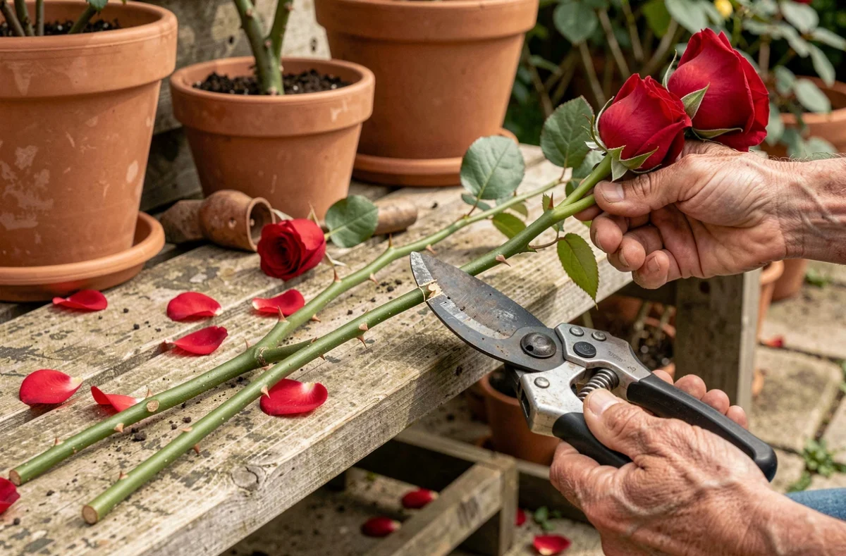 Gros plan sur des tiges de rosiers coupées en biais avec un sécateur posé sur un banc de jardin rustique