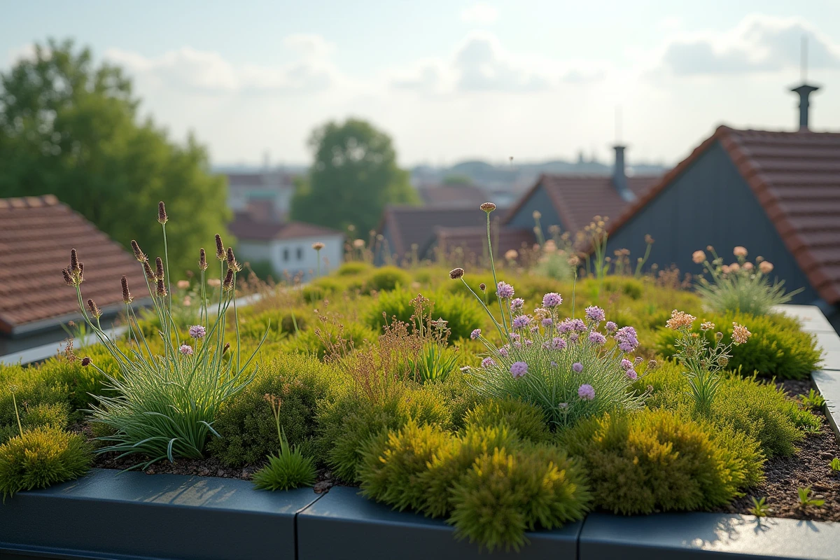 Vue en plongée d'une toiture végétalisée établie sur une maison individuelle avec sedums et graminées en milieu périurbain