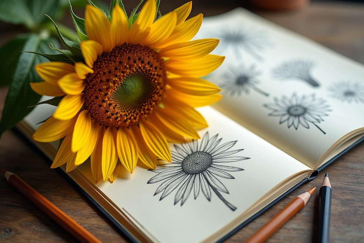 Gros plan d'un tournesol posé sur un carnet de croquis botaniques en bois vieilli, symbole de créativité artistique