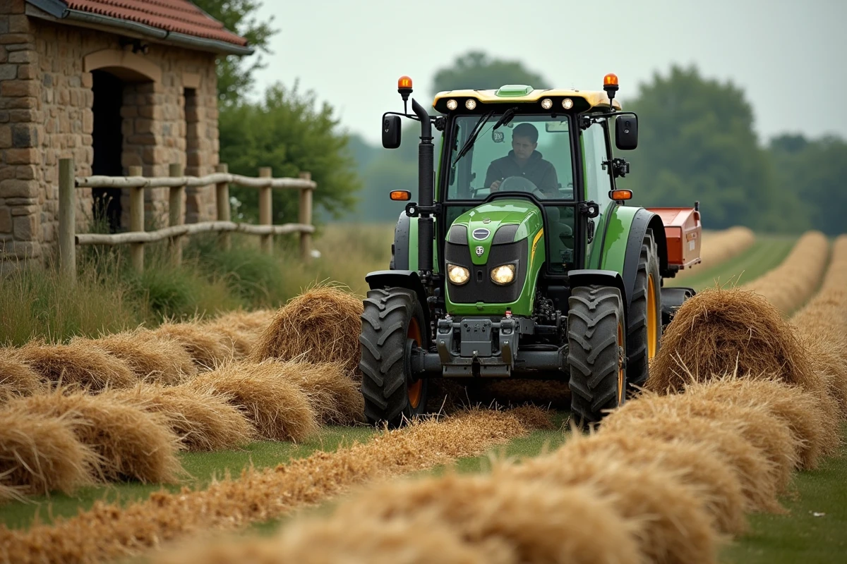 Tracteur agricole récoltant les herbes de coupe d'un fauchage tardif dans une prairie naturelle
