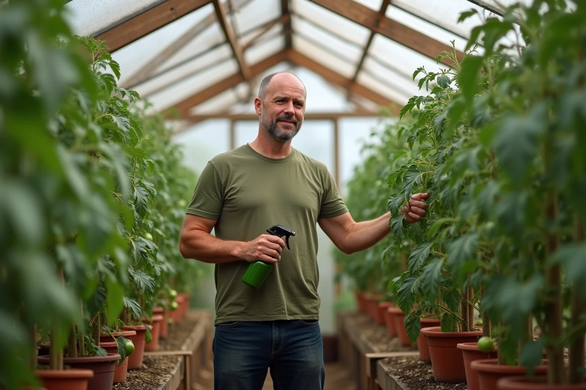Homme traitant ses plants de tomates en serre avec un spray naturel contre les pucerons