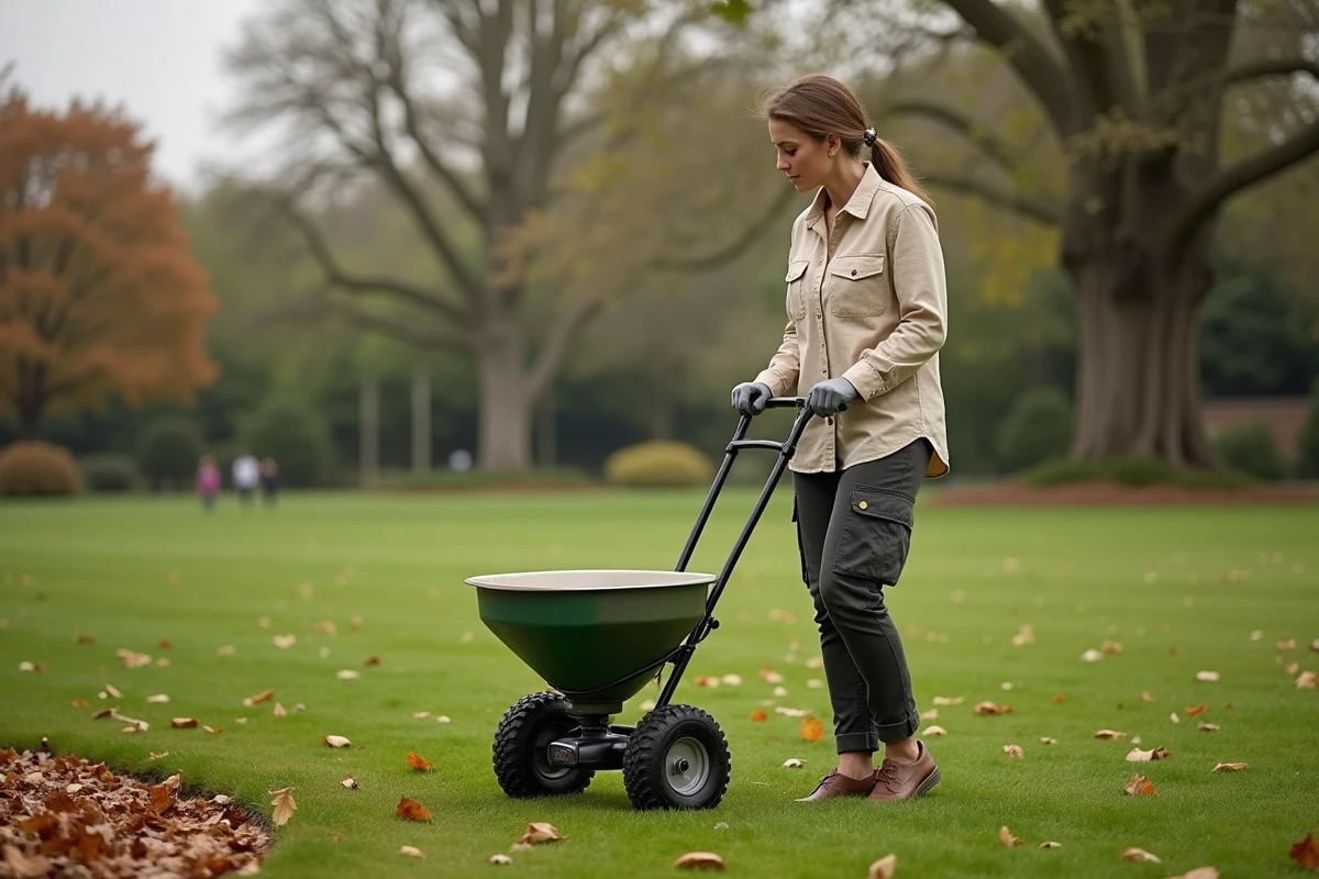 Femme utilisant un épandeur à gazon pour traiter sa pelouse en automne