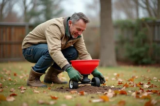 Homme épandant de l'engrais granulaire sur une pelouse avant l'hiver dans un jardin résidentiel en automne