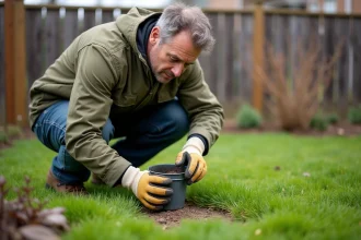 Homme appliquant de l'engrais granulé sur une pelouse au printemps dans un jardin suburban
