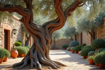 Tronc noueux et sculpté d'un olivier centenaire dans un jardin méditerranéen avec murs en pierre sèche