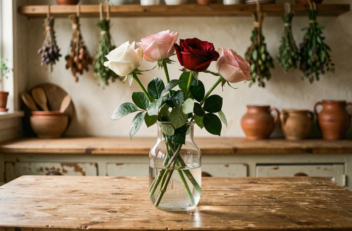 Vase en verre avec de longues tiges de roses fraîchement coupées sur une table de cuisine rustique en bois