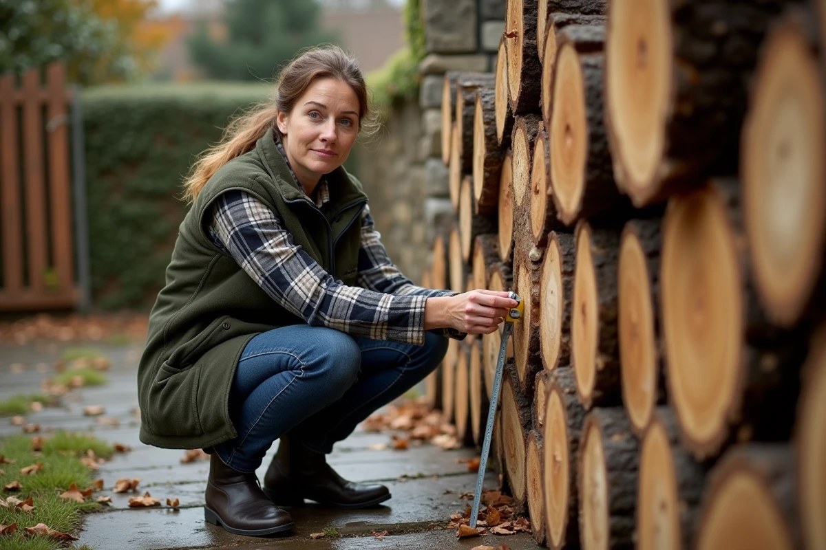 Femme vérifiant la profondeur d'un stère de bois avec un mètre ruban contre un mur de pierre en automne