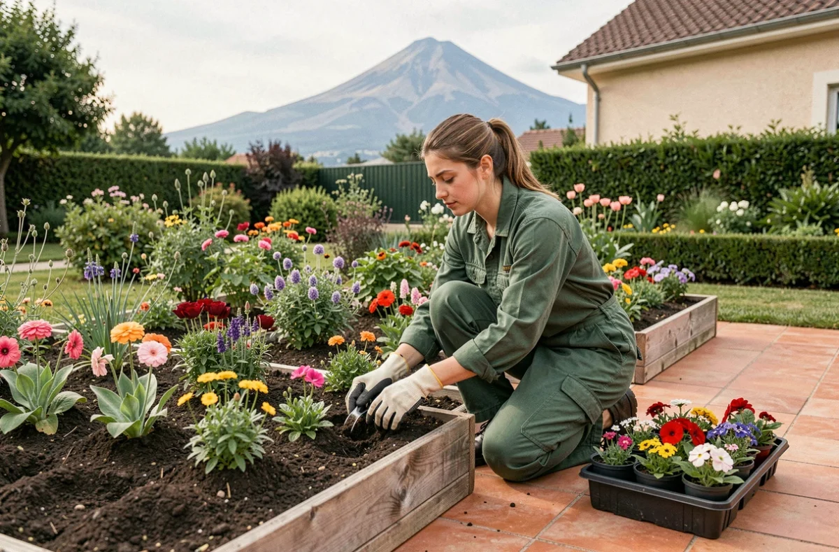 Une jardinière plante des fleurs de saison dans un jardin résidentiel avec le Puy de Dôme en arrière-plan