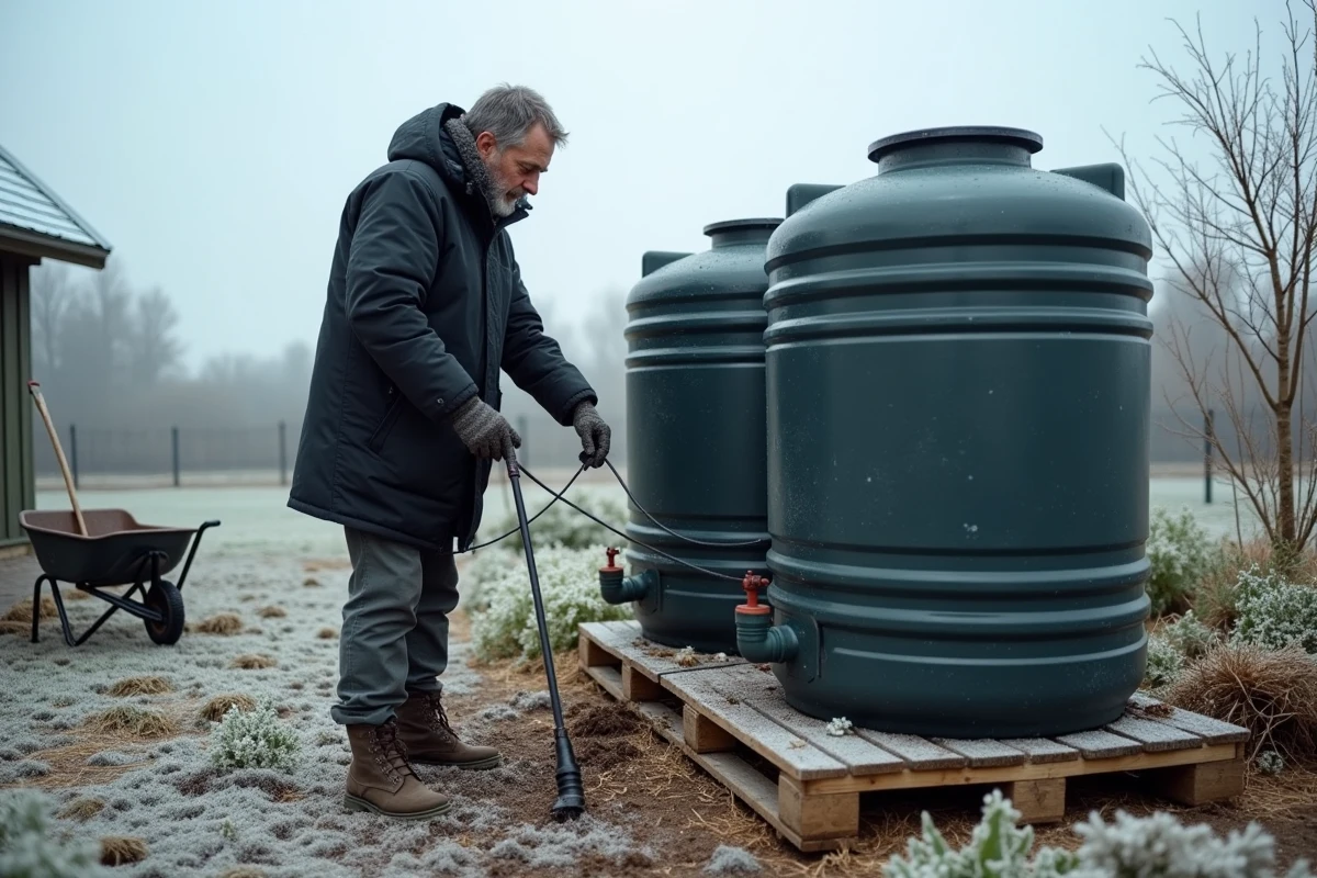 Homme vidangeant un récupérateur d'eau avant l'hiver pour prévenir le gel dans un jardin potager