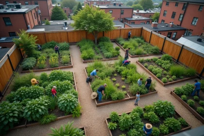 Vue aérienne d'un jardin communautaire urbain bien organisé avec des parcelles rectangulaires et des allées en gravier