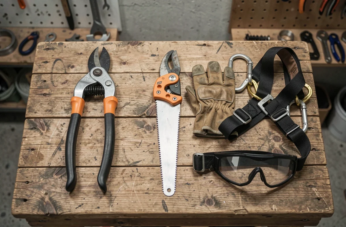 Vue de dessus d'un équipement d'élagage professionnel disposé sur une surface en bois rustique incluant élagueur, scie, harnais et lunettes de sécurité